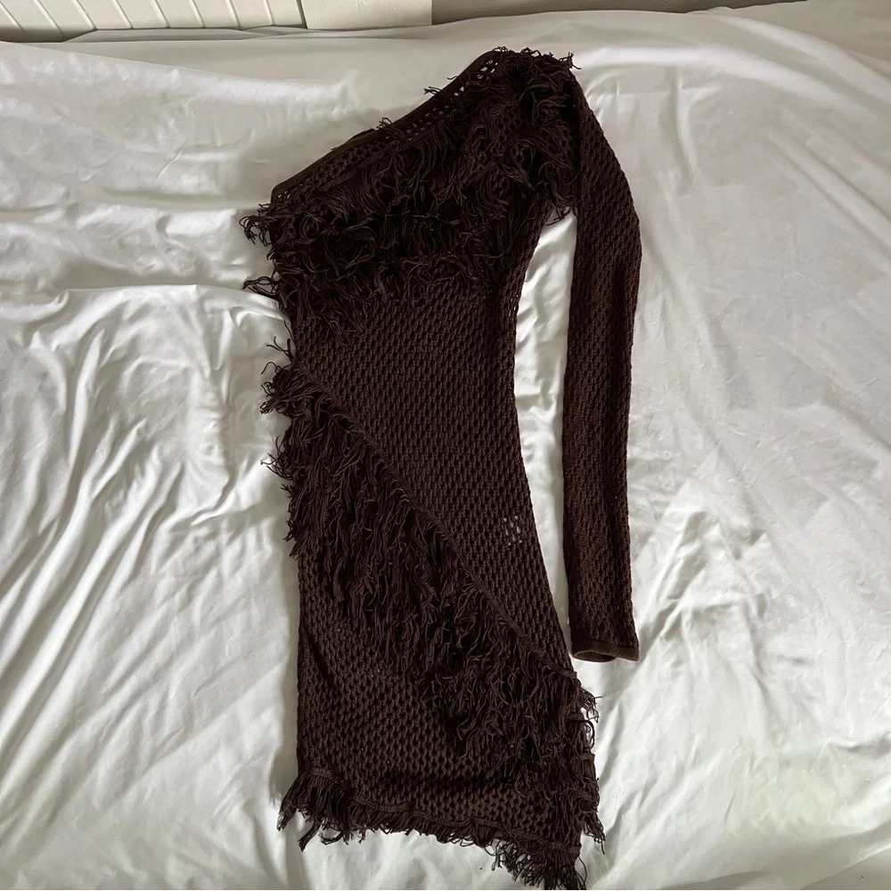 Tularosa Brown Knit One Shoulder Fringe Mini Dress Revolve Boho Festival XS - Picture 3 of 11